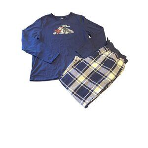 L.L.Bean Pajama Set L Reg Plaid Flannel Pants & Graphic Top Navy WINTER VOZY